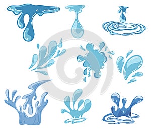 Water. Different Water Drops. Set of icons of flowing drops, waves, tears, splashes, splashes of nature. Dripping liquid. Water