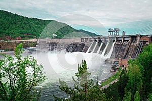 Water discharge at the Krasnoyarsk HPP in the spring