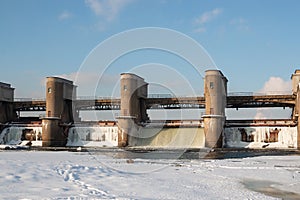 Water discharge during the spring flood at the Perervinskaya dam on the Moskva River.