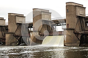 Water discharge during the spring snowmelt on the Perervinsk dam installed on the Moscow river, to maintain the proper water level