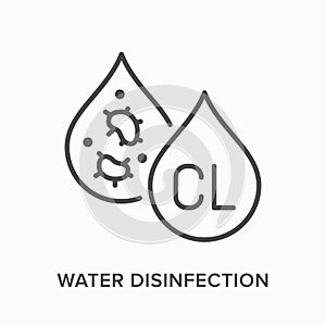 Water disinfection flat line icon. Vector outline illustration of waterdrop. Black thin linear pictogram for liquid
