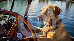 water dog driving boat