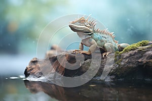 water dragon basking on a rock