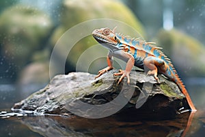 water dragon basking on a rock