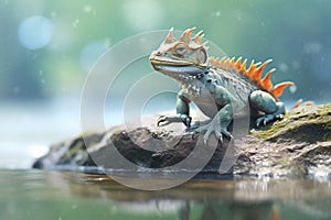 water dragon basking on a rock