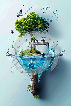 Water dripping from a faucet with a tree and birds