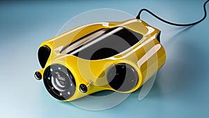 Water drone on the blue surface, remote-operated vehicles. An underwater drone is a small remote-controlled submarine