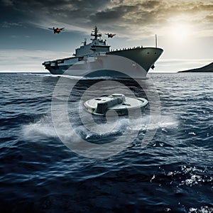 Water drone near a large military ship