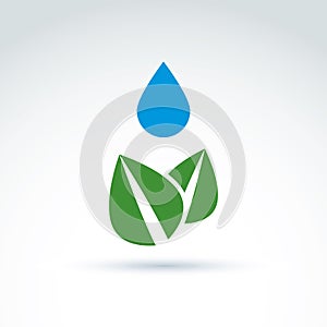 Water drop above leaves icon, floral life, ecology, vector conce