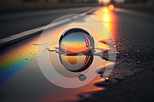 Water drop on asphalt road with sunset background. 3d rendering.