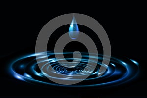 Water Drop background isolated on black background. Realistic blue splash water waves surface from drop. Vector circle ripple