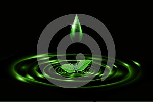 Water Drop background isolated on black background. Realistic green splash water waves surface from drop with leaves. Vector