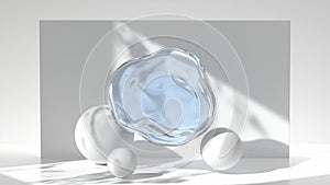 Water drop or blue liquid in motion on studio background with shadow and white geometric spheres, 3d render animation