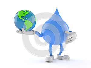 Water drop character holding world globe