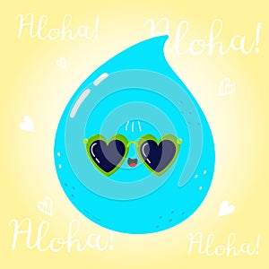 Water drop character. Vector hand drawn cartoon kawaii character illustration icon. Isolated on yellow background. Water