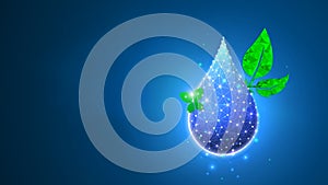 Water Drop, clean droplet of water with butterfly and a leaf. Green planet concept. Abstract polygonal image on blue neon