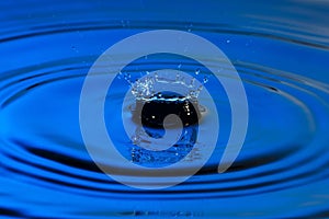 Water drop close up with concentric ripples colourful blue surface