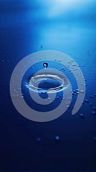 Water drop close up with ripples and waves on blue background.
