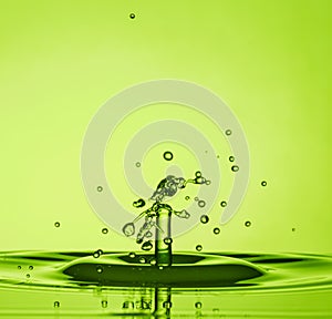 Water Drop Collisions Macro Photography with green  background