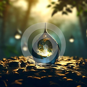 Water drop with earth in deep forest, World Water Day, Generative AI