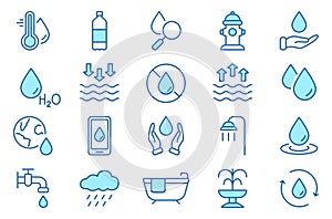 Water Drop Ecology Liquid Line Icon Set. Drink Clean Water Linear Pictogram. Faucet, Tap, Fountain, Soda, Rain, Shower