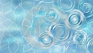 Water drop effect. Rain puddle surface. Wave pattern. Blue pool or shower elements. Aqua concentric circles. Liquid