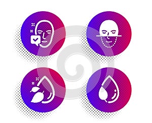 Water drop, Face recognition and Face accepted icons set. Leaf dew sign. Vector