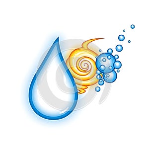 Water Drop, Flame and Bubbles Graphic Illustration on White Background