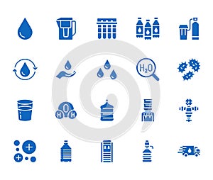 Water drop flat glyph icons set. Aqua filter, softener, ionization, disinfection, glass vector illustrations. Signs for