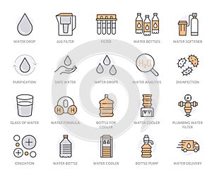 Water drop flat line icons set. Aqua filter, softener, ionization, disinfection, purification, glass, pump, drink vector