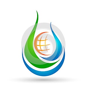 Water drop globe logo concept of water drop with world save earth wellness symbol icon nature drops elements vector design