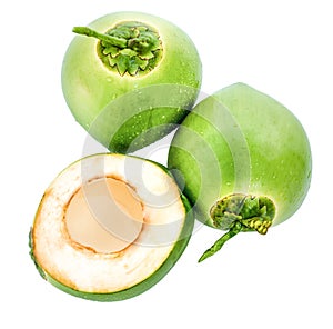 Water drop green coconut isolated on white background