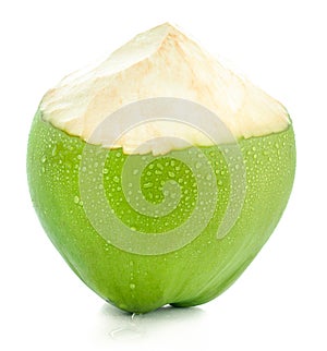 Water drop green coconut isolated on white background