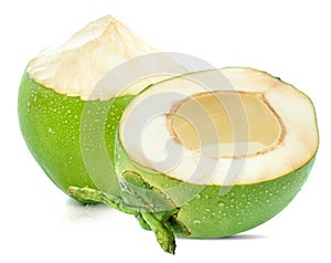 Water drop green coconut isolated on white background