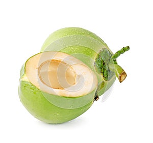 Water drop green coconut isolated on white background