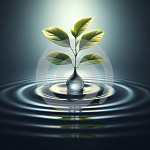 water drop and growing leave stem from it on solid water background. ai generative