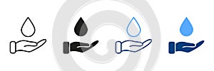 Water Drop with Hand Silhouette and Line Icon Set. Charity, Care, Save Ecology, Volunteering, Donate Symbol Collection