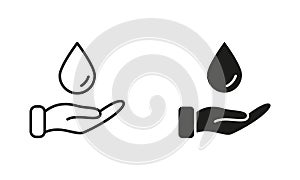 Water Drop with Hand Silhouette and Line Icon Set. Charity, Care, Save Ecology, Volunteering, Donate Symbol Collection