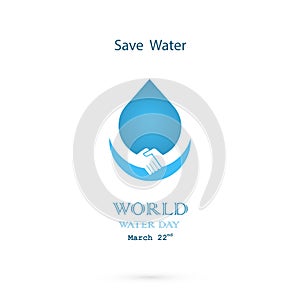 Water drop with handshake icon vector logo design template.World Water Day idea campaign for greeting card and poster.