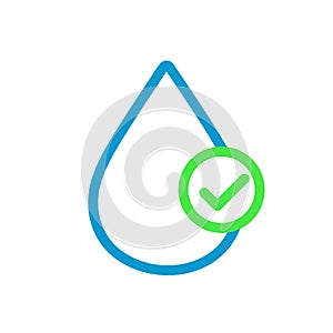 Water drop icon with checkmark. Clean water concept. Drinkable water icon isolated on white