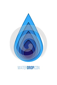 Water drop icon. Vector blue paper water drop isolated on white background.