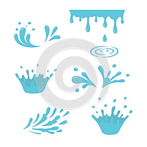 Water and drop icons. Blue waves and water splashes set