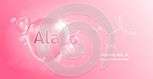 Water drop Important amino acid Alanine and structural chemical formula. Alanine on a pink background.