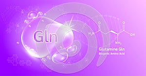 Water drop Important amino acid Glutamine Gln and structural chemical formula. Glutamine on a purple background. Medical and scien