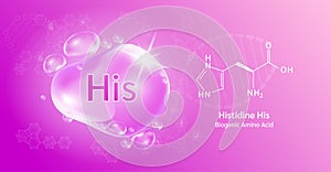 Water drop Important amino acid Histidine His and structural chemical formula. Histidine on a purple background. Medical and scien