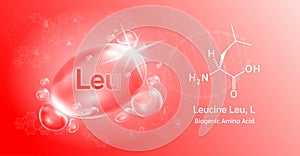 Water drop Important amino acid Leucine and structural chemical formula. Leucine on a red background.