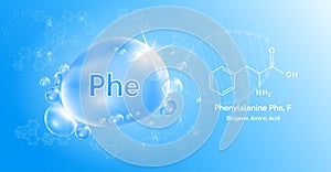 Water drop Important amino acid Phenylalanine and structural chemical formula. Phenylalanine on a blue background. Medical and sci