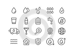 Water drop, line icon set. Research, safe clean water. Bottle and Glass. Delivery. Editable stroke. Vector outline