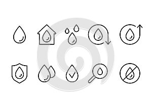 Water drop, line icon set. Research, safe clean water. Editable stroke. Vector outline