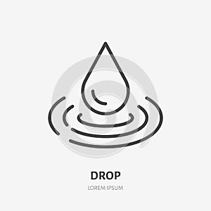 Water drop line icon, vector pictogram of raindrop and waves. Pure aqua illustration, sign for liquid packaging